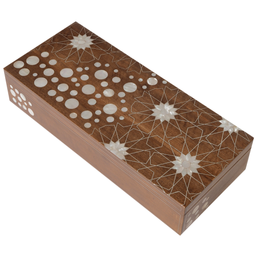 Wooden tea box inlaid with mother of pearl and classical oriental ornaments