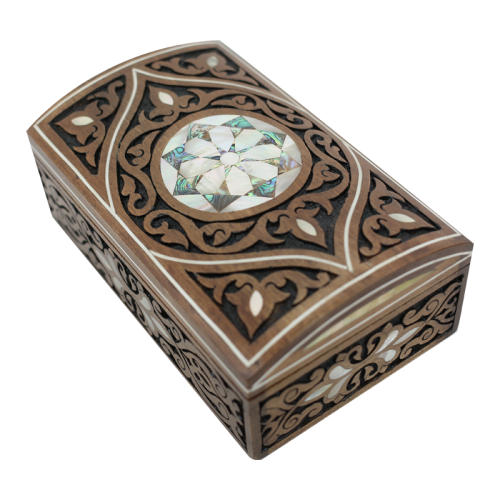 Carved wooden jewelry box inlaid with mother of pearl