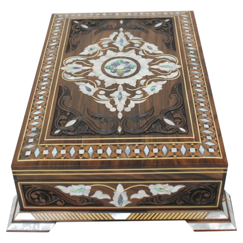 Fatimid carved jewelry box inlaid with mother of pearl