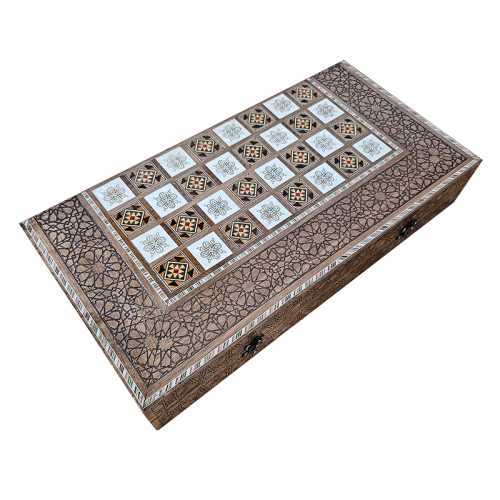 Artisanal Syrian Mosaic Backgammon & Chess Set - Elegant Wood with Mother-of-Pearl Inlay