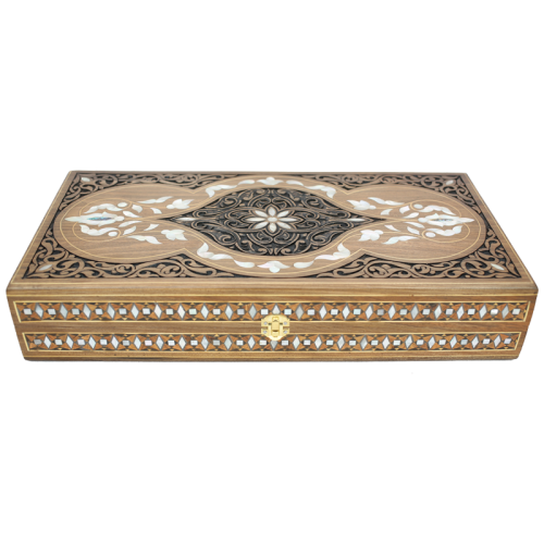 Carved Syrian mother of pearl backgammon, luxury handmade item with Fatimi-art