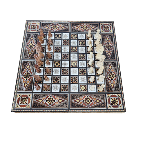 Syrian Mosaic Backgammon & Chess Set - Handcrafted Luxury Wood with Mother-of-Pearl Inlay